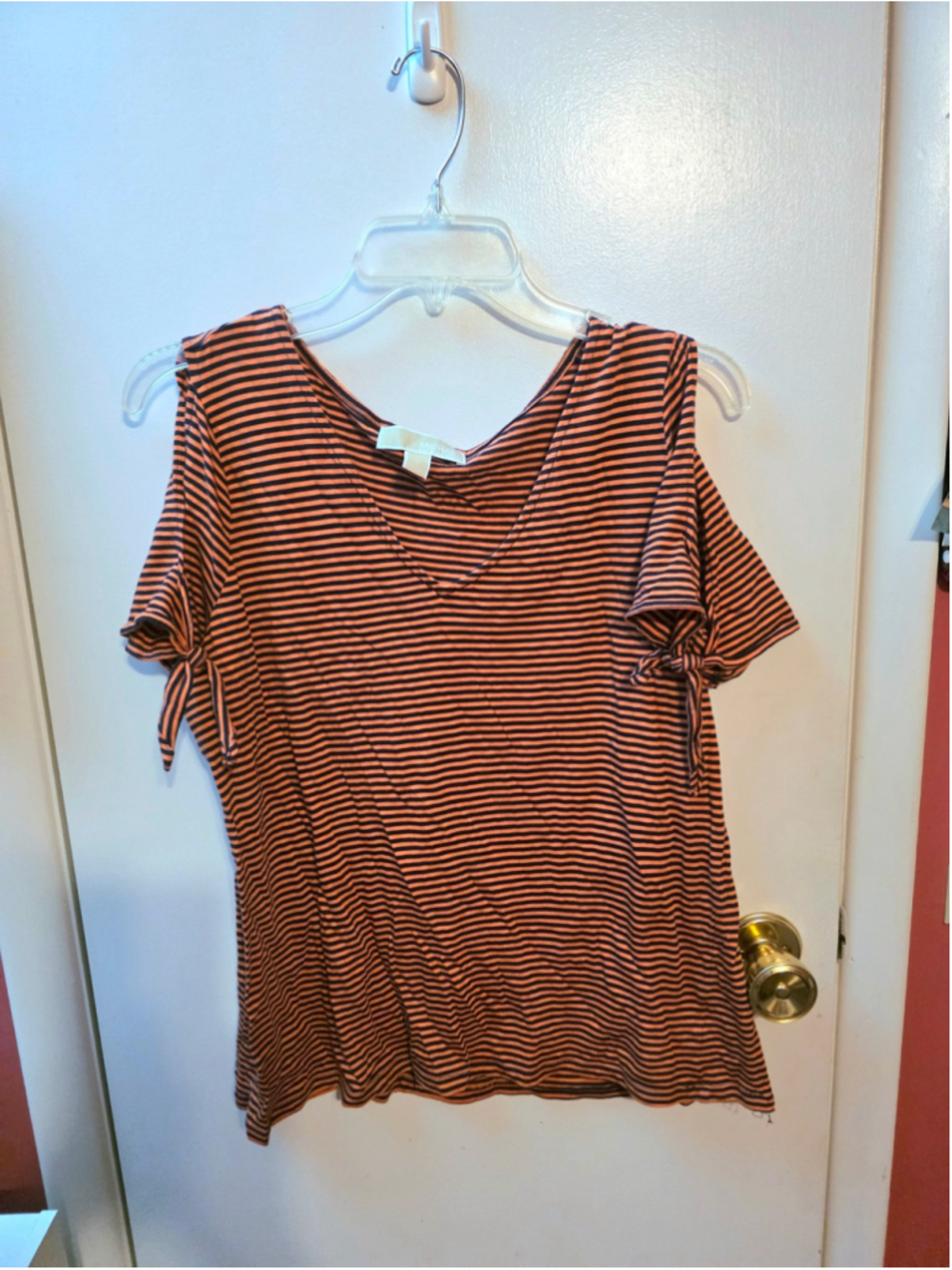 Women's Michael Kors Striped Cold Shoulder Top, Size M, Orange and Black